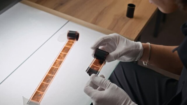 Young photographer wearing protective gloves inspecting analog film negatives on light table, camera tilting down. Footage suits photography schools, history projects, or museum promos