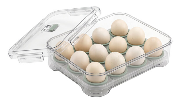 Clear plastic egg holder with twelve fresh white eggs, transparent kitchen storage container, modern refrigerator organizer isolated PNG with Transparent Background