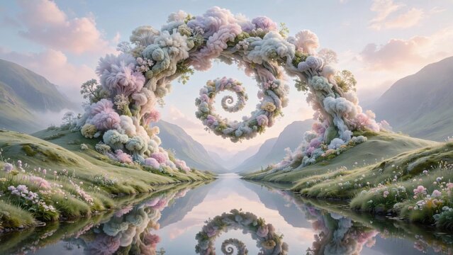 Surreal Spiral Cloud Arch Over Reflecting River in Dreamlike Landscape.