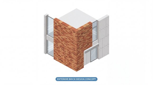 Modern residential house exterior design concept featuring detailed red brick masonry walls combined with smooth gray concrete panels and large glass windows showcased in a clean flat isometric 3d sty