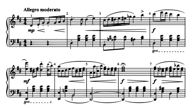Musical notation set with abstract colorful notes featuring treble clef, quarter rests, and eighth notes with dynamic symbols and staff lines
