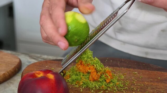 Preparing Citrus Zest and Fruit For Fresh Dessert, Grating Lime and Nectarine On Wooden Board