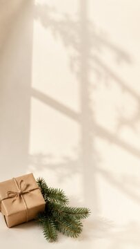Gift box wrapped in brown paper with twine, accompanied by evergreen branches, placed on a light background with soft shadows creating a seasonal atmosphere
