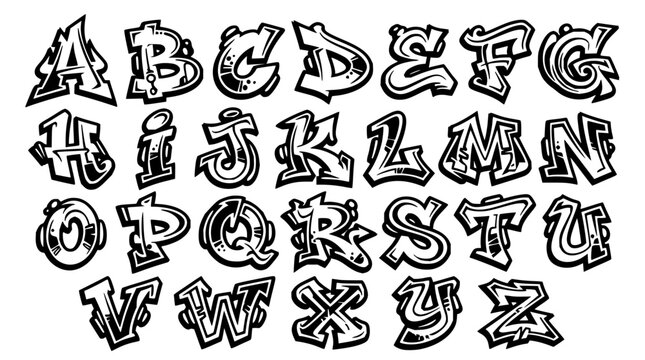Graffiti alphabet set with bold colorful letters featuring urban street art style with spray paint textures and 3D effects and vibrant gradients