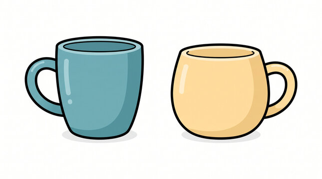 Set of two ceramic coffee mugs in blue and cream colors isolated on a white background.