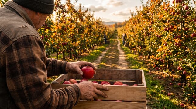 Farmer carrying a crate of freshly picked apples through an autumn orchard. Seasonal harvest, sustainable agriculture, rural food production, and farm-to-market concept.