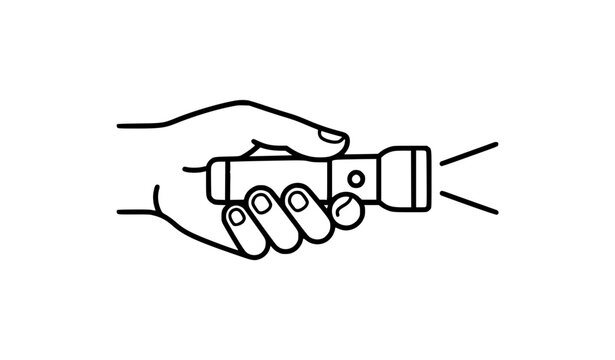 Hand gripping portable flashlight horizontal thin line icon with beam vector