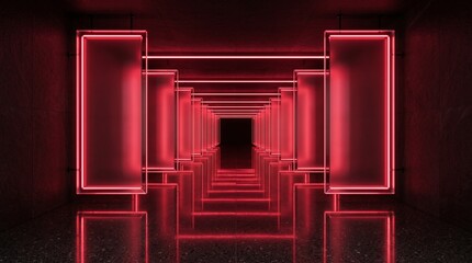 Futuristic red neon tunnel with glowing geometric frames. Cyberpunk corridor with light reflections. Sci-fi interior for gaming and tech backgrounds. © s graphics 