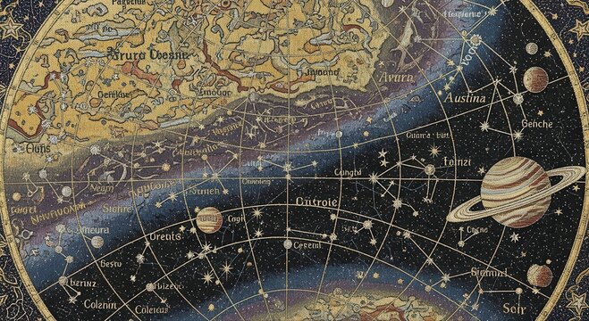 Intricate Antique Celestial Map Illustrating Constellations and Planetary Orbits with Vintage Text