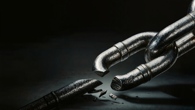Broken metal chain link snapping apart in dramatic dark light, business concept of freedom, breaking limits and a weak supply chain link