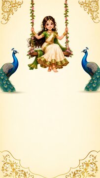 Hariyali Teej Girl on Swing with Peacocks and Ornate Borders Illustration Festival Greeting Poster Story