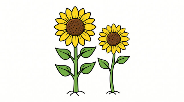 Pair of blooming bright yellow sunflowers with green stems and leaves isolated on a white background.