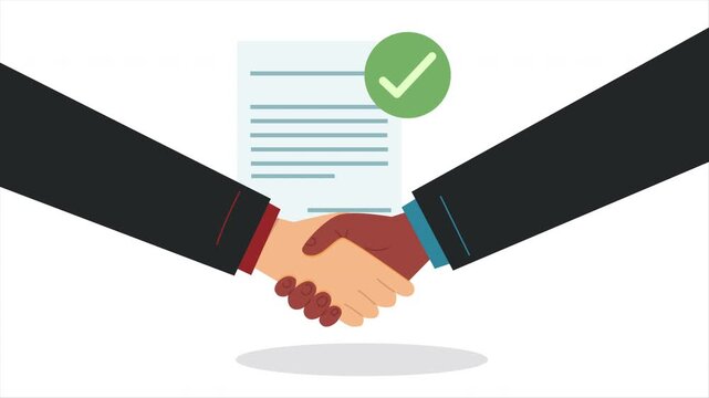 Business partners handshake and approved contract flat vector animation