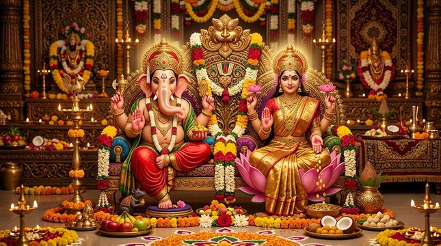 Elegant Hindu Diwali Puja Setup with Diyas
