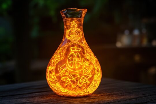 Glowing amber glass bottle with a mystical engraved symbol on a rustic wood surface
