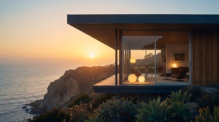 Fototapeta premium Modern luxury house overlooking the ocean cliff during a stunning golden sunset evening