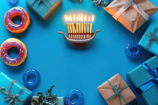 Hanukkah menorah with burning candles next to sweet glazed donuts and gifts on color background