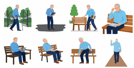 Set of flat vector illustrations depicting an active senior man using a digital tablet, walking with a cane, and resting on a park bench, showcasing modern lifestyle for elderly people.