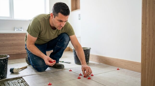 Man installing ceramic floor tiles using red leveling spacers. Male contractor laying flooring during a home renovation project. Interior remodeling and skilled trade concept