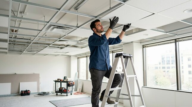 Contractor installing a suspended acoustic ceiling panel in an office. Male construction worker standing on a stepladder during commercial interior renovation. Skilled trade and remodeling concept