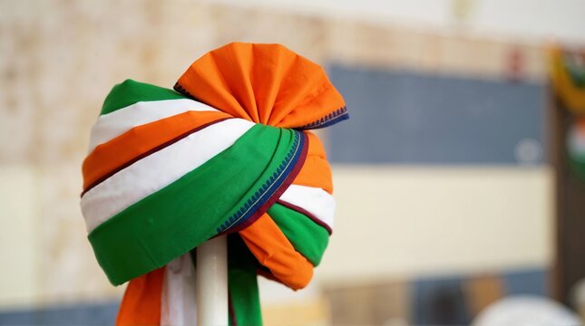 Indian tricolor turban close up for Independence Day. Traditional pagri in saffron white and green national flag colors. Republic Day celebration concept