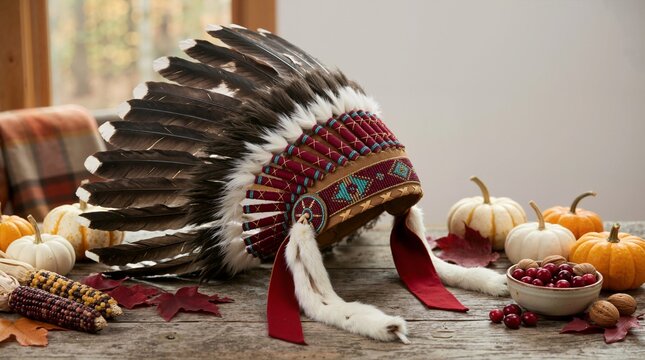 Native American feathered headdress on a rustic wooden table. Thanksgiving harvest display with pumpkins, Indian corn and cranberries. Autumn holiday decoration