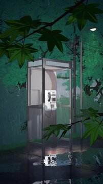 Phone booth and rainy park