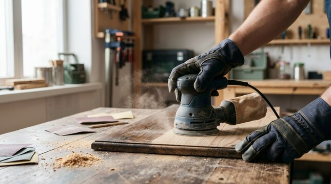 Carpenter using an electric orbital sander on a wooden board. Person wearing work gloves while smoothing timber in a workshop. Woodworking and furniture restoration concept
