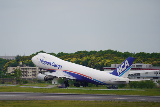Nippon Cargo Airlines (NCA) Boeing 747-8F (JA11KZ) rotating on takeoff on May 11, 2021 in Narita, Tokyo, Japan.