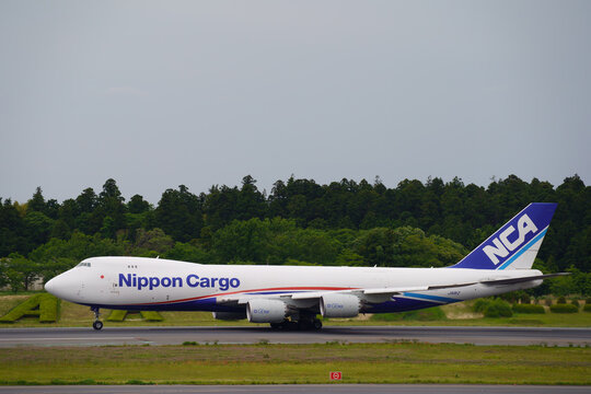 Nippon Cargo Airlines (NCA) Boeing 747-8F (JA11KZ) taxiing in side profile on May 11, 2021 in Narita, Tokyo, Japan.