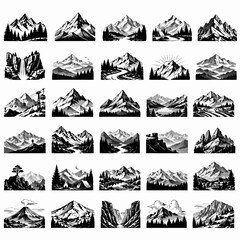 Fototapeta premium Comprehensive monochrome vector collection of mountain landscapes, peaks, valleys, and nature scenery. Hand-drawn vintage engraving style for outdoor adventure logos and poster designs.