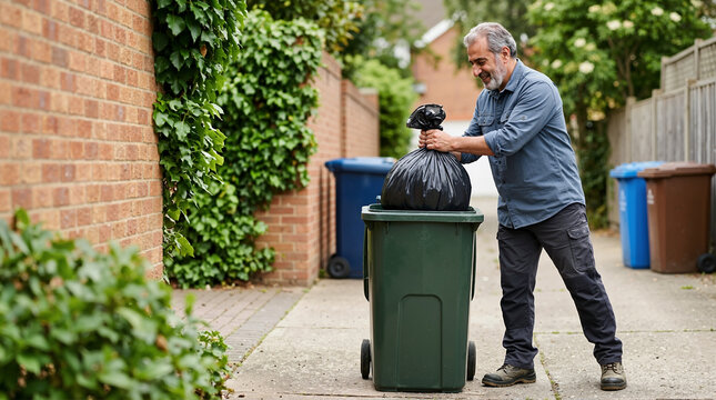 Smiling man putting a black trash bag into a green wheelie bin. Male homeowner taking out the garbage in an outdoor alleyway. Waste disposal and domestic chore concept
