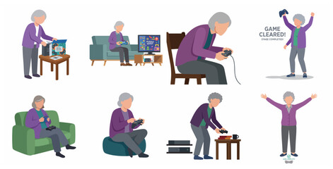Fototapeta premium Senior Woman Playing Video Games Illustration Set, Elderly Lady Gamer Enjoying Digital Entertainment