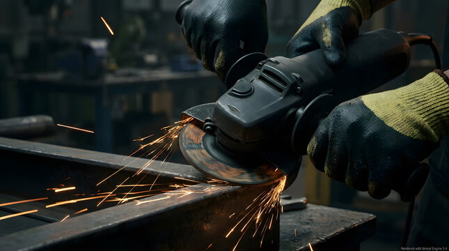 Professional metal worker using angle grinder | Industrial metal cutting with sparks flying | Close-up of angle grinder tool in workshop | Power tools for metal fabrication and construction