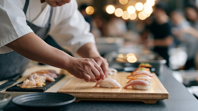 A sushi chef presses a final piece of nigiri onto a bamboo presentation board in a packed fish market hall, passersby jostling for position around the demonstration counter as the