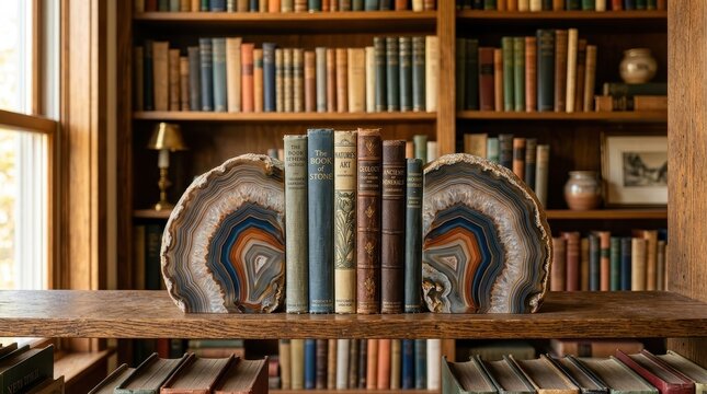 Polished Agate Bookends Displaying Vintage Books on a Wooden Bookshelf