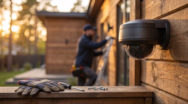 A technician installs a security camera on a modern house wall at a golden sunset hour