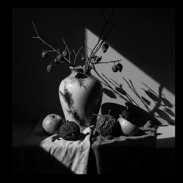 Realistic Charcoal Sketch of a Vintage Still Life Composition Featuring a Ceramic Vase, Fruit, and Branches with Dramatic Shadows