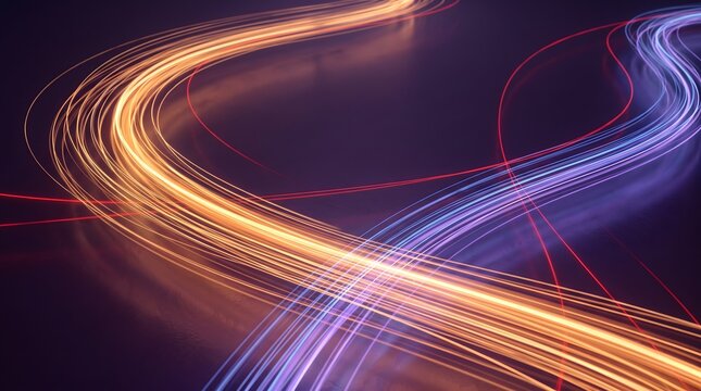 Colorful Neon Light Trails Creating Abstract Curved Motion on Dark Background