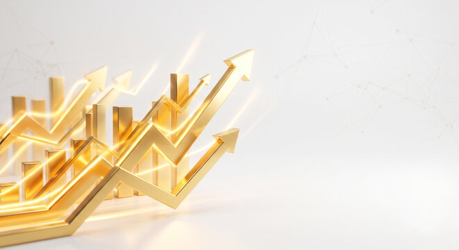 Abstract Business Growth Background with 3D Rising Golden Arrows Glowing Bar Charts and White Network Grid