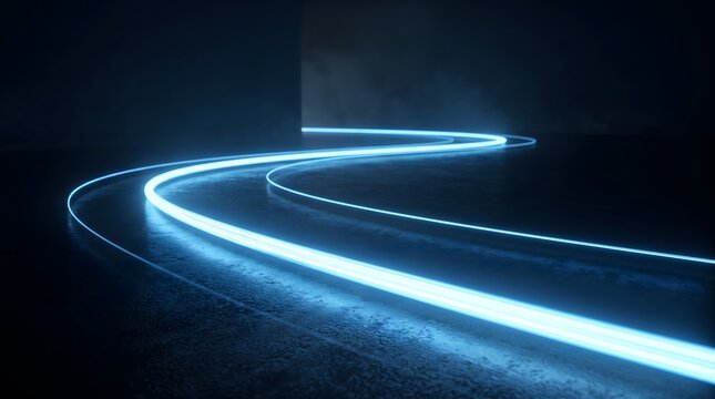 Electric Blue Neon Light Trail Curving Across a Dark Abstract Background