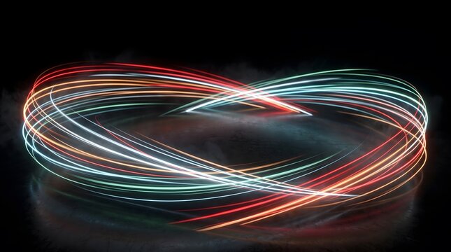 Multicolored Glowing Light Trails Forming Circular Abstract Motion Patterns