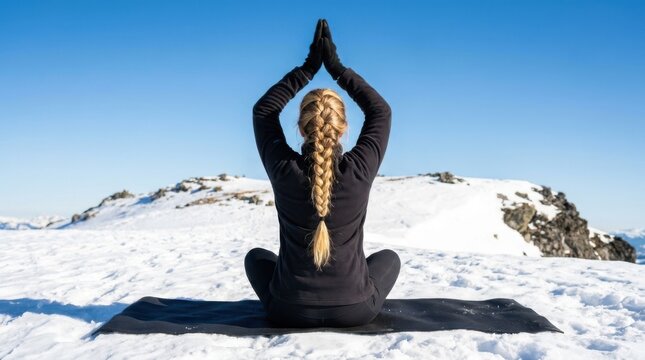 Woman practicing yoga meditation on a snowy mountain summit with hands raised in prayer. Outdoor mindfulness, balance, wellness and spiritual connection with nature under a clear sky.