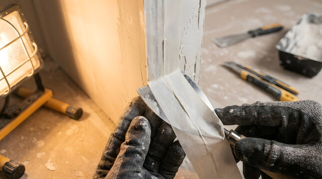 Drywall taping and mudding external corners | Professional contractor applying paper joint tape | Home renovation drywall finishing techniques | Construction worker hands smoothing plaster tape