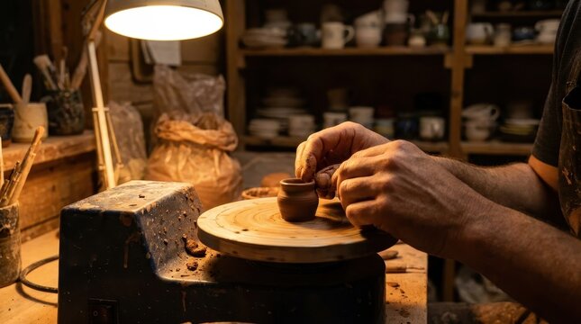 Skilled artisan hands shaping a small clay vessel on a miniature pottery wheel in a warmly lit studio