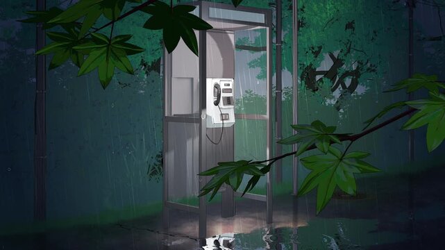 Phone booth and rainy park