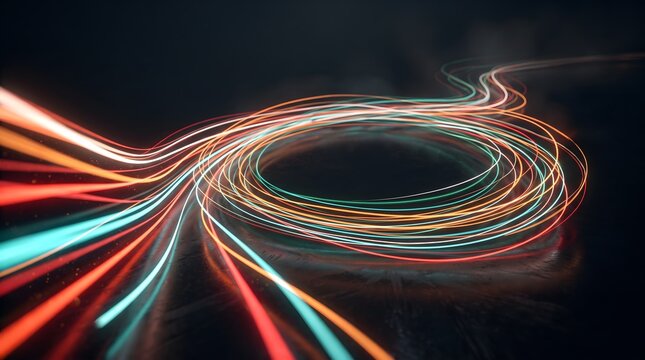 Multicolor Neon Light Trails Forming a Circular Abstract Energy Pattern