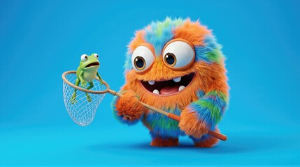 Obraz premium Funny fluffy multicolored monster holding a butterfly net with a green frog. Playful creature exploring nature. Whimsical 3D character design for children book illustration or poster.