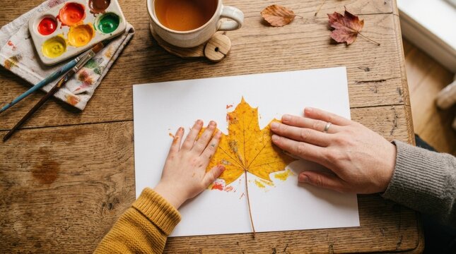 Family craft activity with painting supplies, tea, and natural materials on a rustic table. Cozy seasonal creativity and bonding concept.