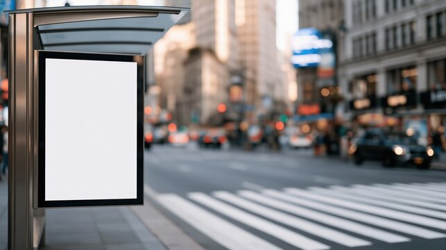 Blank billboard at a busy city street bus stop with blurred traffic and buildings